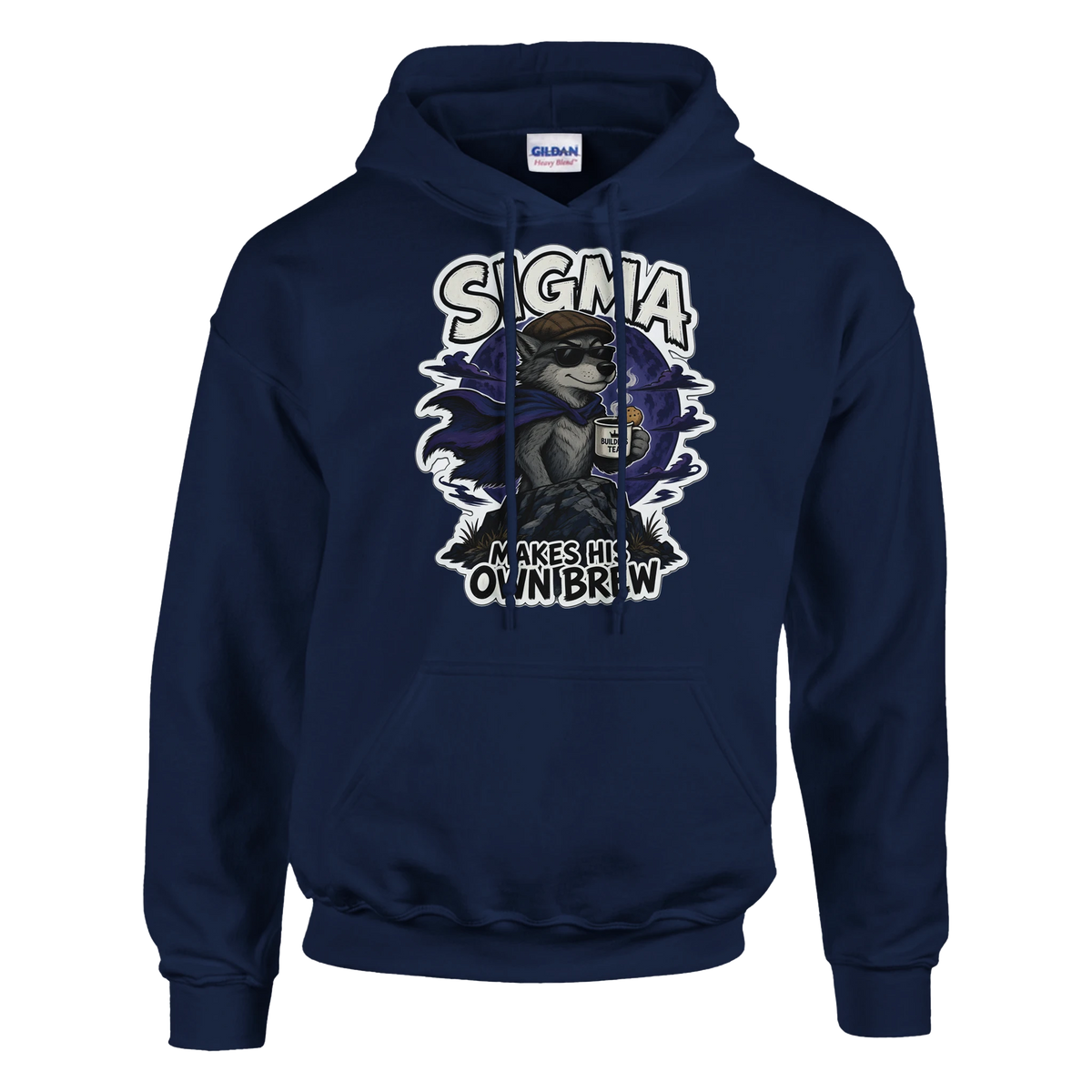 Funny British hoodie with lone wolf in a flat cap with a cup of tea, 'Sigma: Makes His Own Brew' (view 5 of 5)