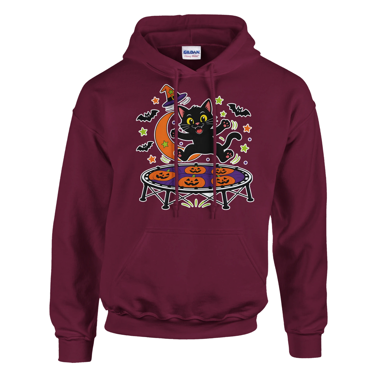 Funny Halloween hoodie with black cat bouncing on a trampoline (view 3 of 5)