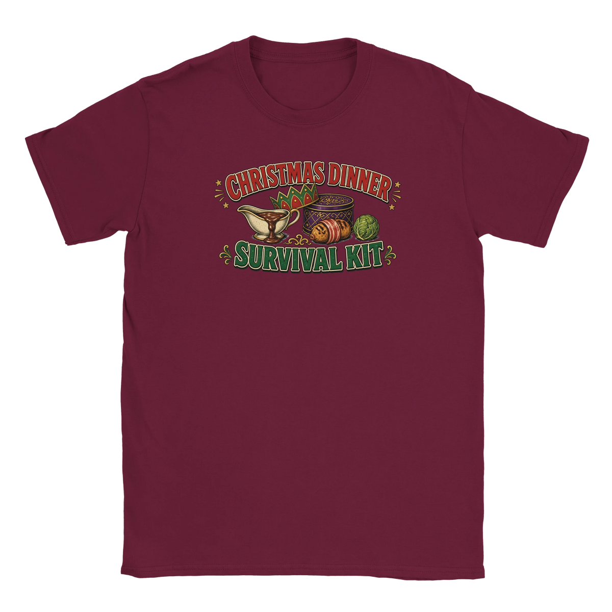 Funny Christmas t-shirt with 'Christmas Dinner Survival Kit' with gravy, cracker crown, chocolates and a sprout (view 2 of 5)