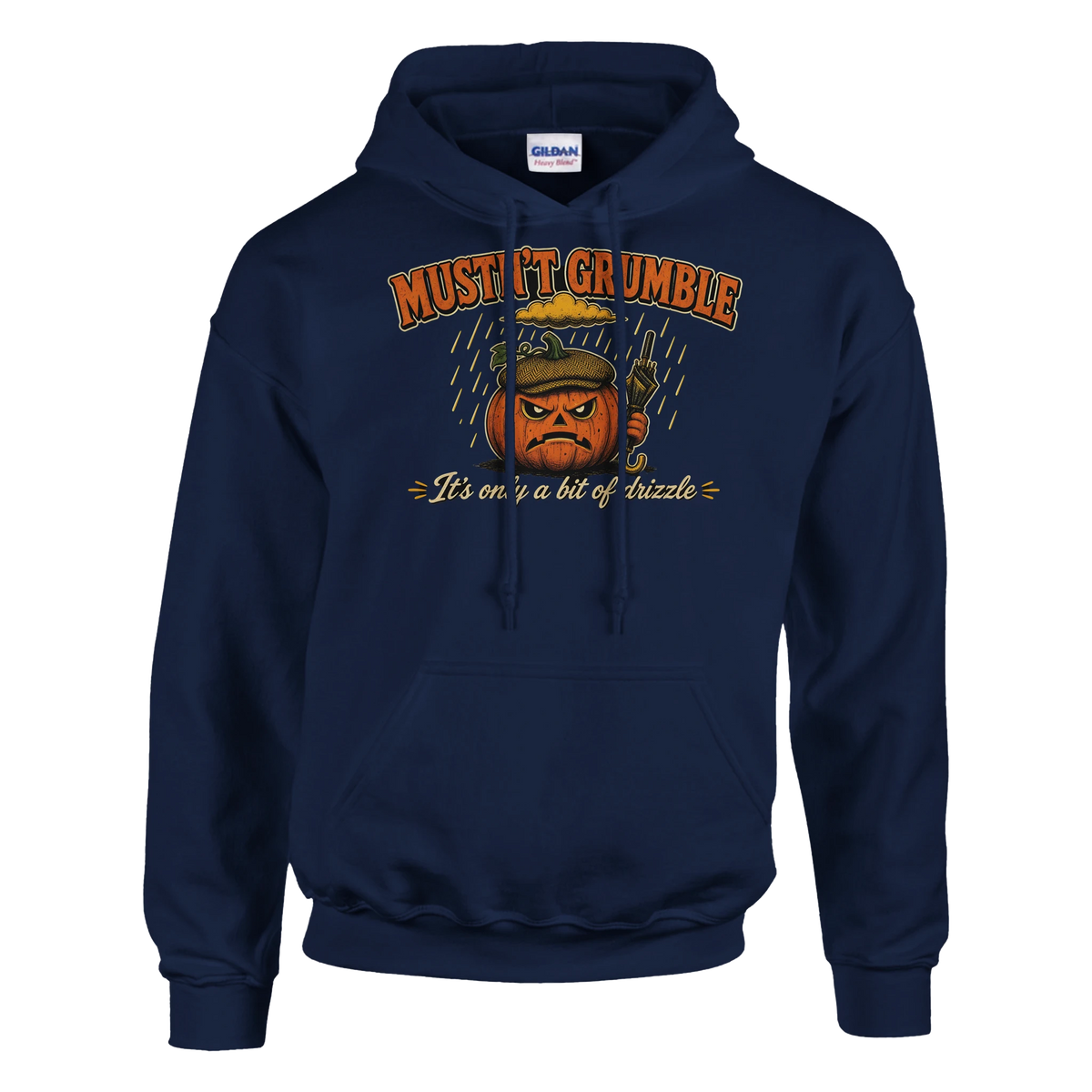 Funny Halloween hoodie with grumpy pumpkin in a flat cap with a brolly, 'Mustn't Grumble' (view 3 of 5)