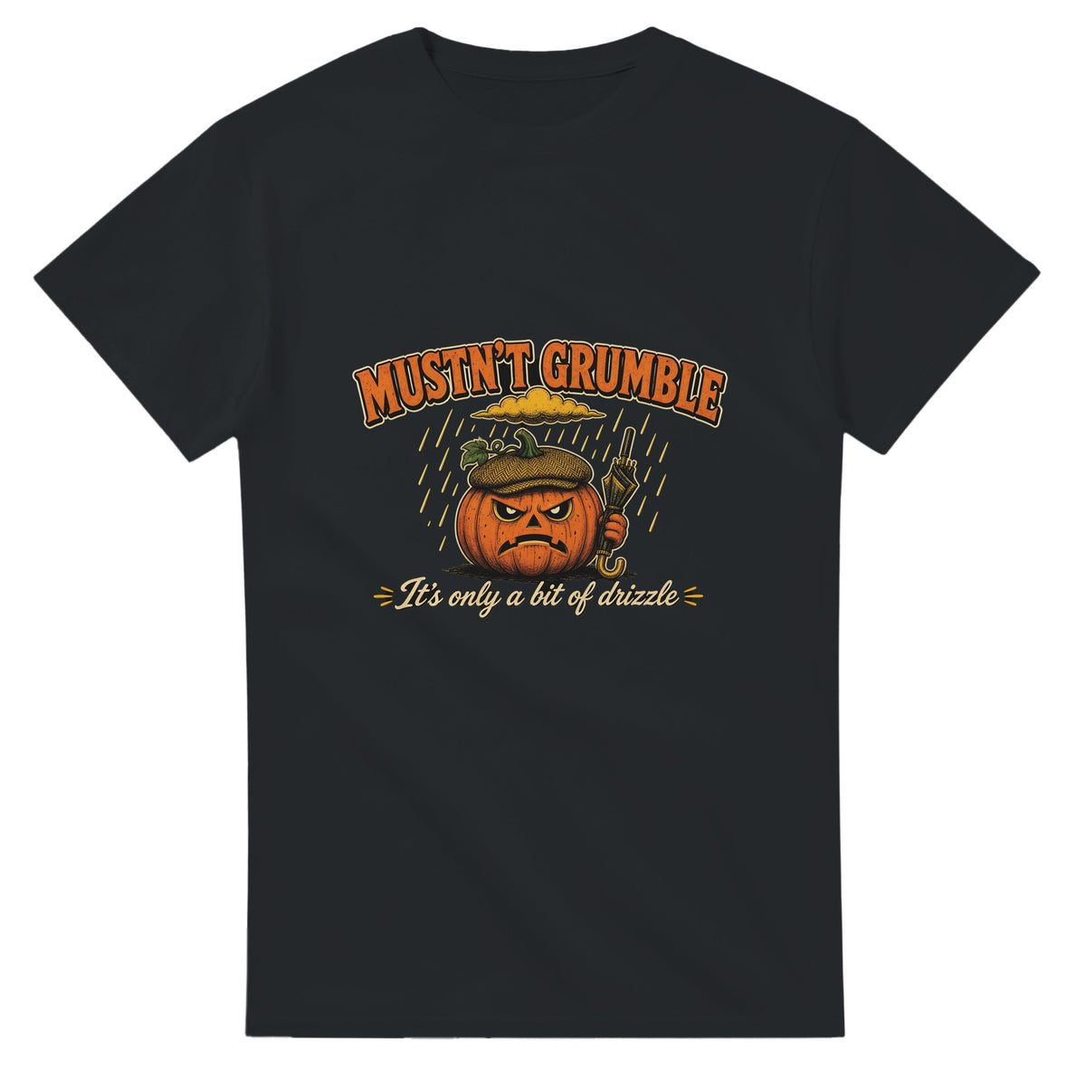 Funny Halloween t-shirt with grumpy pumpkin in a flat cap with a brolly, 'Mustn't Grumble' (view 2 of 3)