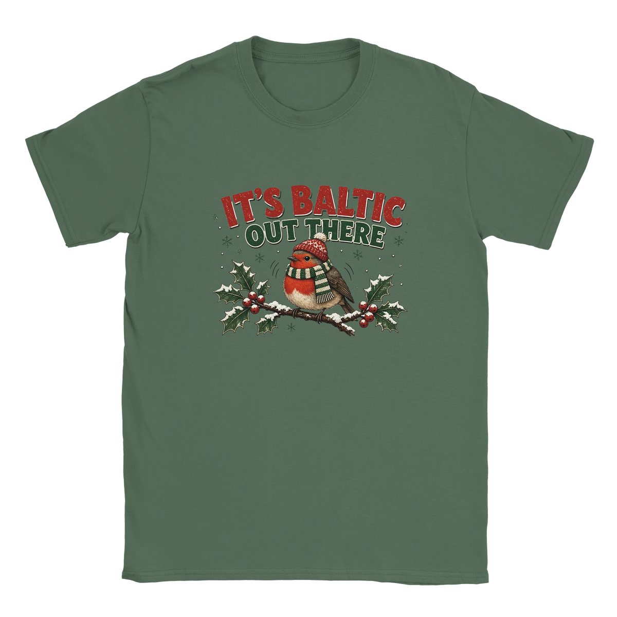 Funny Christmas t-shirt with chubby robin in a woolly hat and scarf, 'It's Baltic Out There' (view 1 of 5)