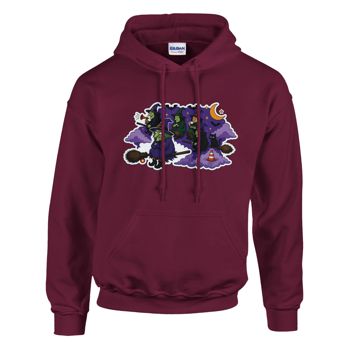Funny Halloween hoodie with witches stuck in a broomstick traffic jam, 'Witches' Rush Hour' (view 4 of 5)