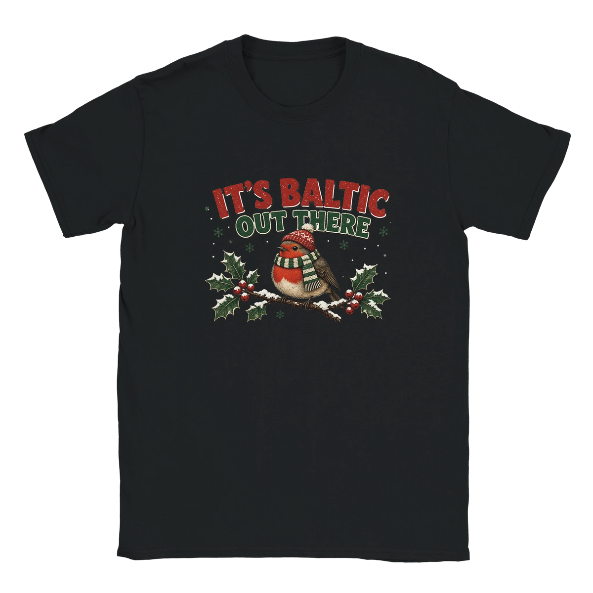 Funny Christmas t-shirt with chubby robin in a woolly hat and scarf, 'It's Baltic Out There' (view 5 of 5)