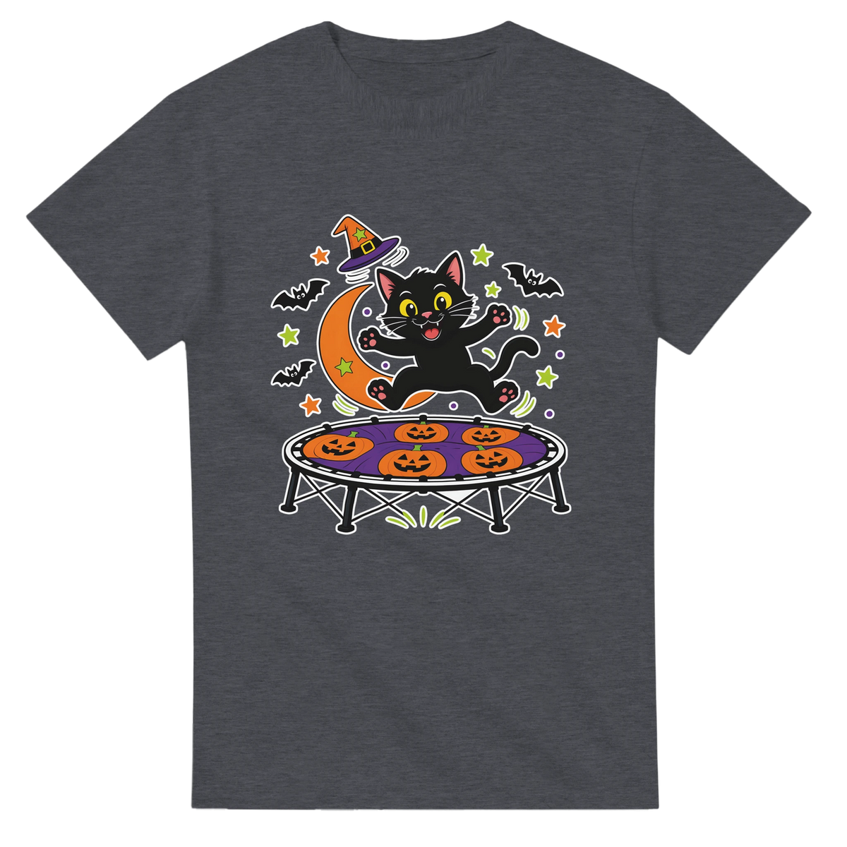 Funny Halloween t-shirt with black cat bouncing on a trampoline (view 1 of 3)