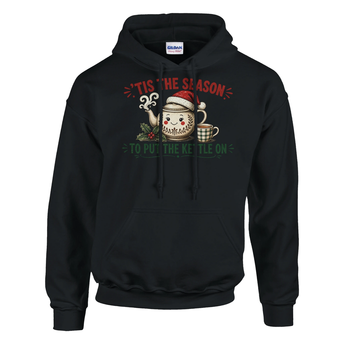 Funny Christmas hoodie with teapot in a Santa hat with a cuppa and holly, 'Tis the Season to Put the Kettle On' (view 5 of 5)