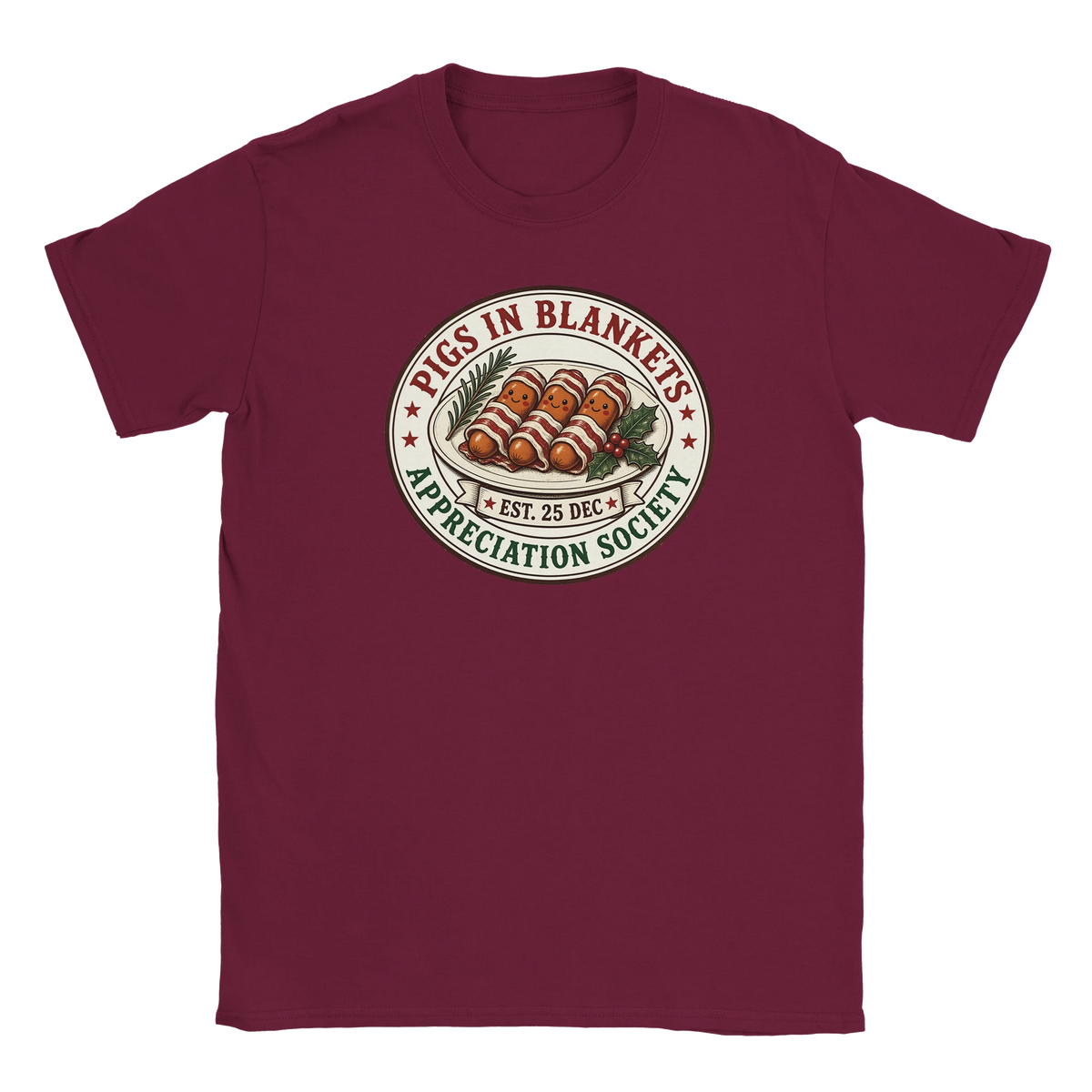 Funny Christmas t-shirt with vintage-style 'Pigs in Blankets Appreciation Society' badge (view 4 of 5)