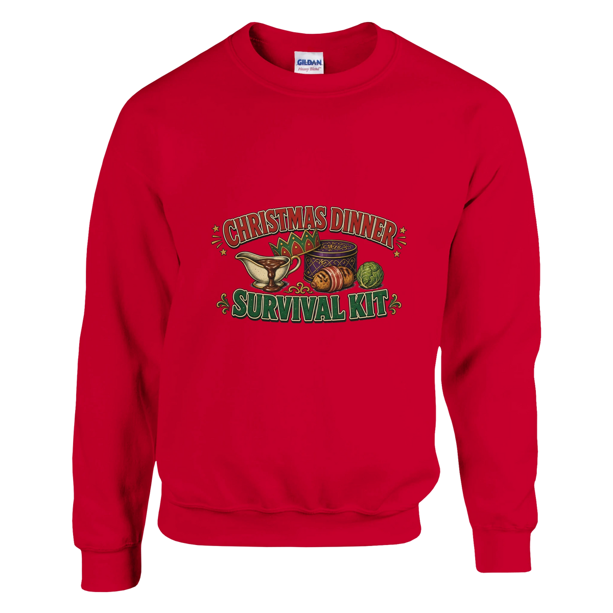 Funny Christmas jumper with 'Christmas Dinner Survival Kit' with gravy, cracker crown, chocolates and a sprout (view 3 of 3)