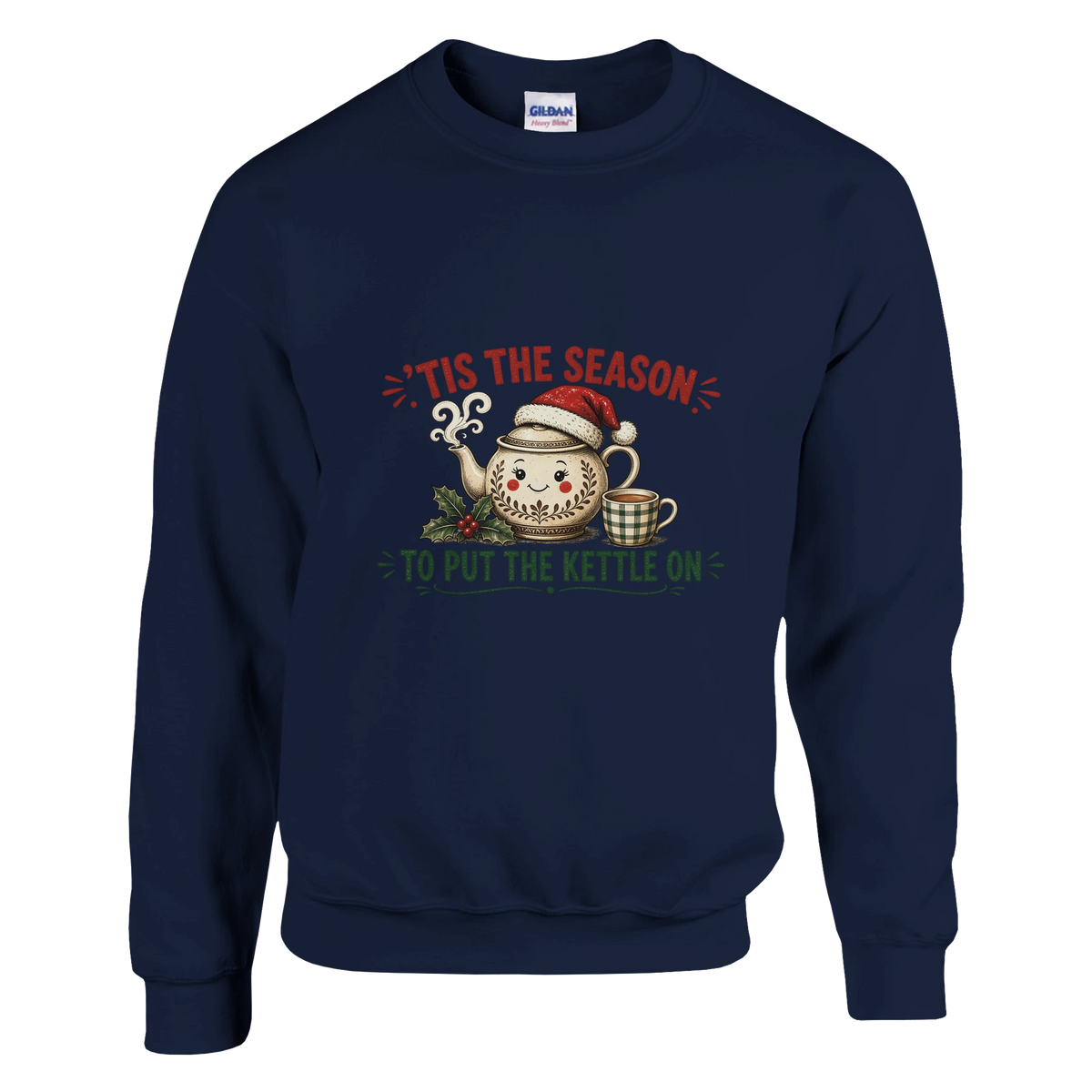 Funny Christmas jumper with teapot in a Santa hat with a cuppa and holly, 'Tis the Season to Put the Kettle On' (view 2 of 3)