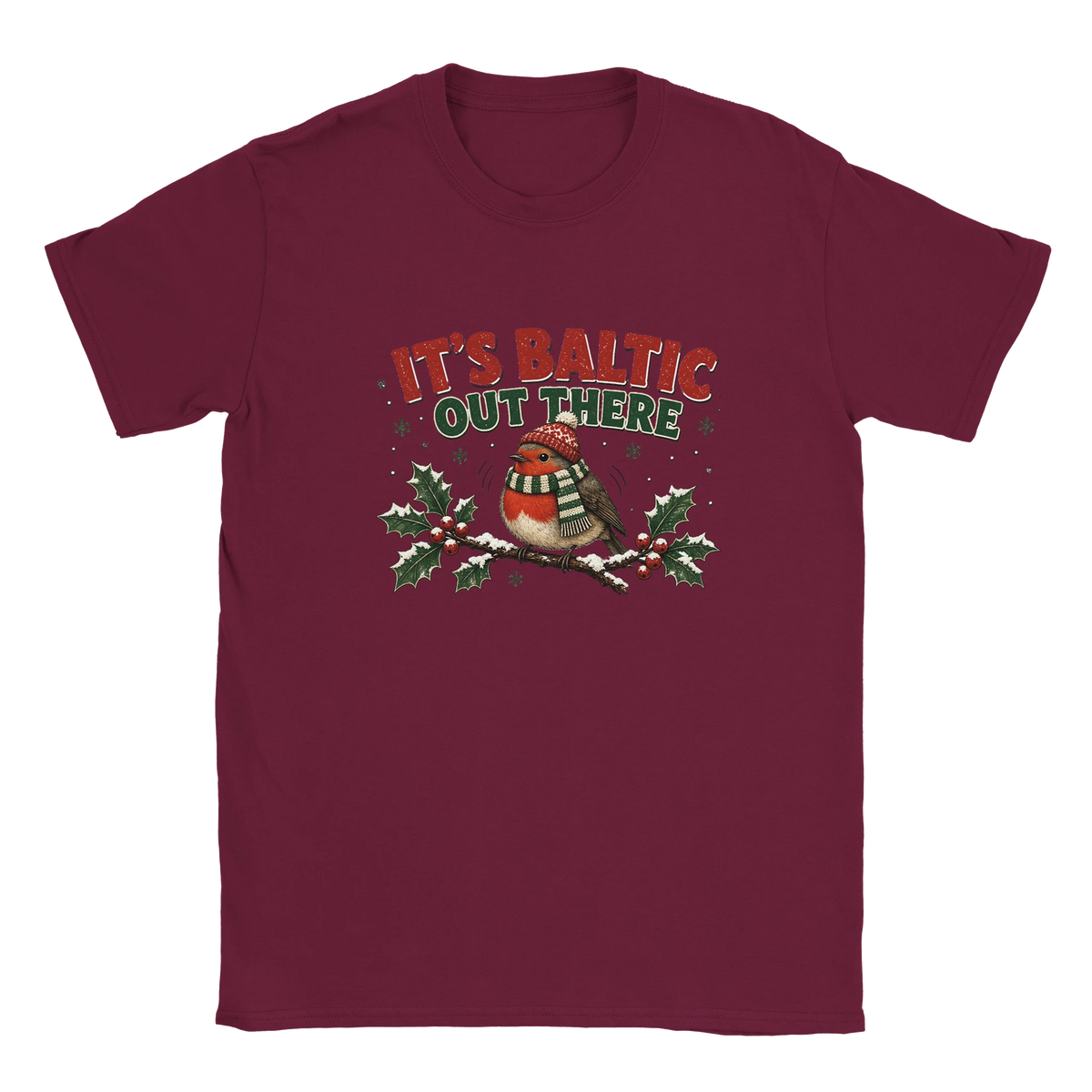 Funny Christmas t-shirt with chubby robin in a woolly hat and scarf, 'It's Baltic Out There' (view 2 of 5)
