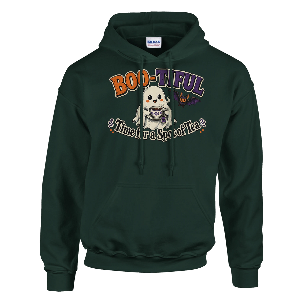 Funny Halloween hoodie with cheerful ghost with a cup of tea, 'Boo-tiful Time for a Spot of Tea' (view 3 of 5)