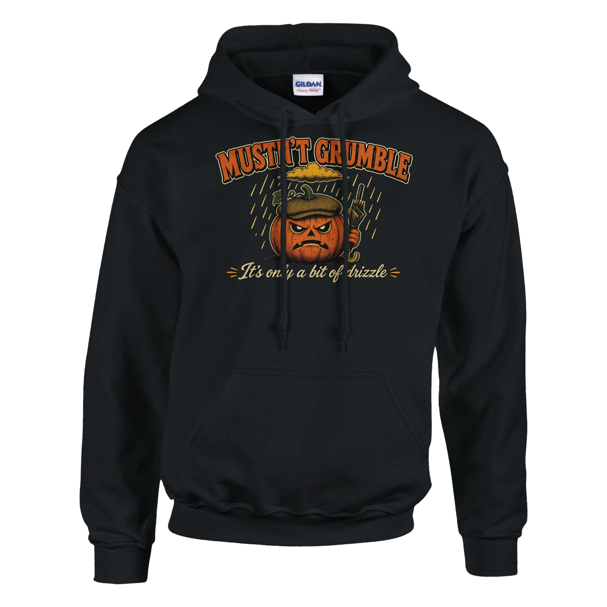 Funny Halloween hoodie with grumpy pumpkin in a flat cap with a brolly, 'Mustn't Grumble' (view 5 of 5)