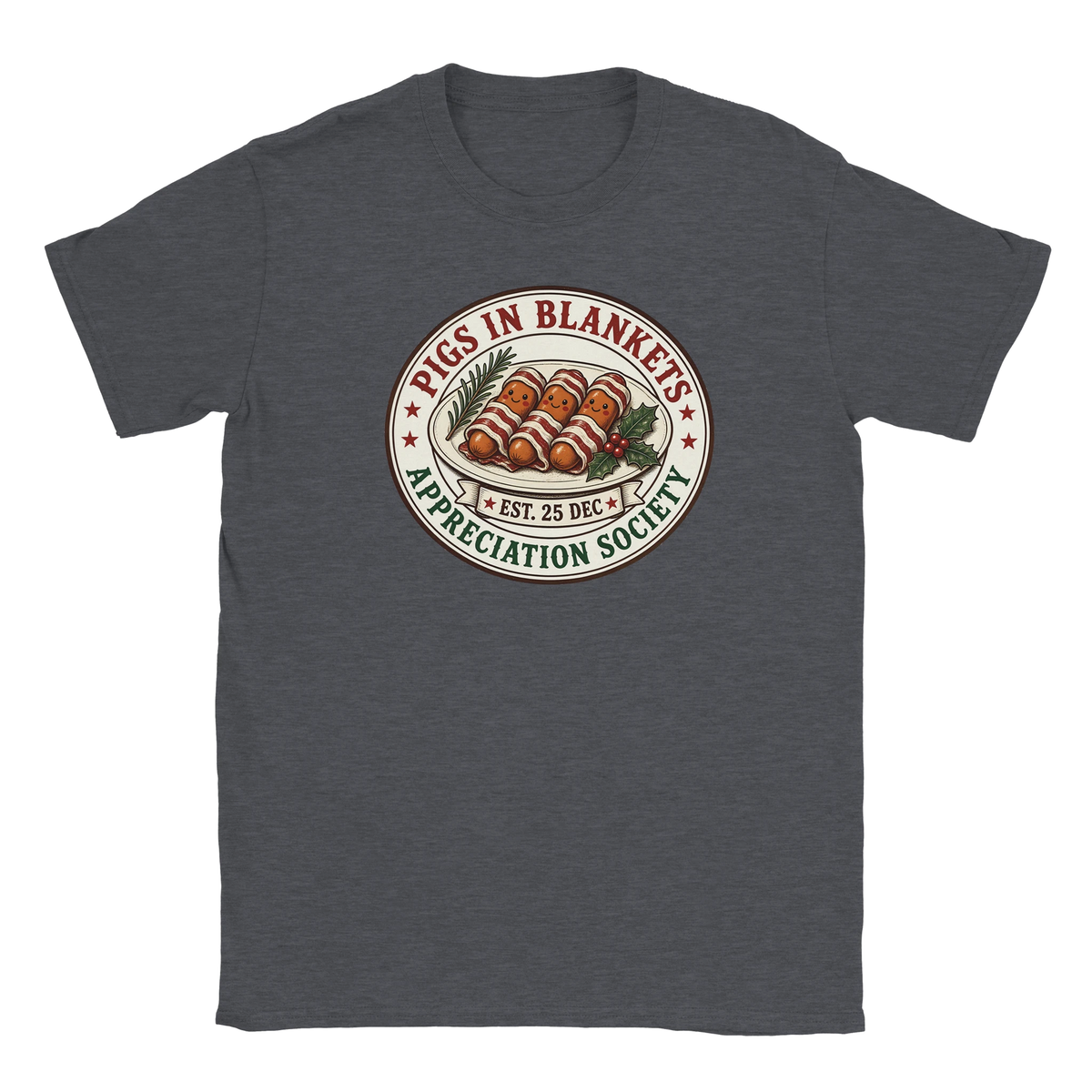 Funny Christmas t-shirt with vintage-style 'Pigs in Blankets Appreciation Society' badge (view 5 of 5)