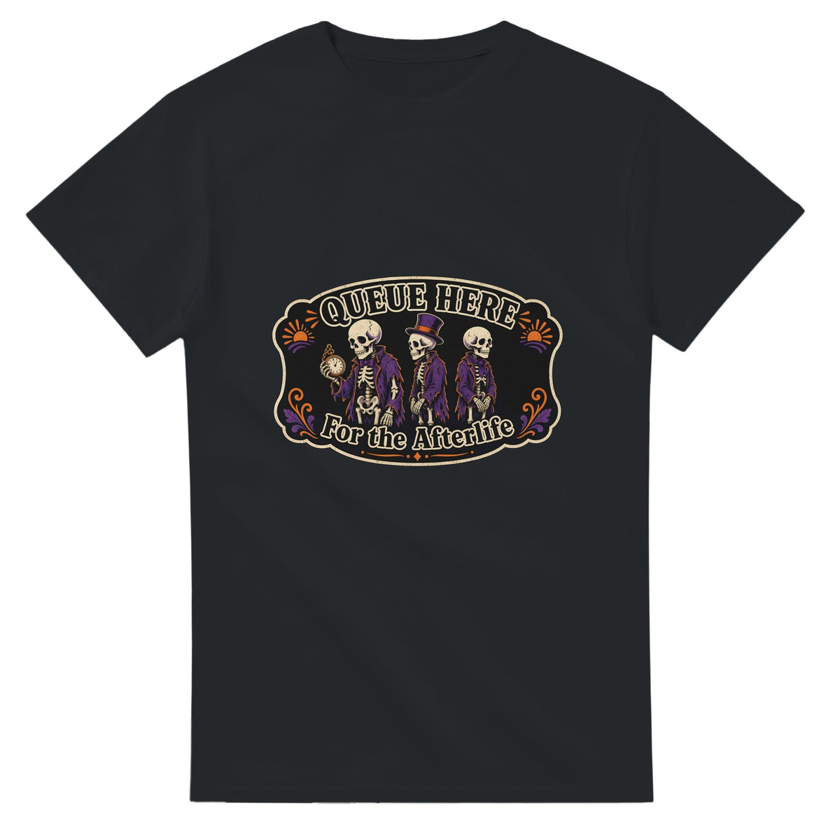 Funny Halloween t-shirt with skeletons queuing politely, 'Queue Here for the Afterlife' (view 3 of 3)