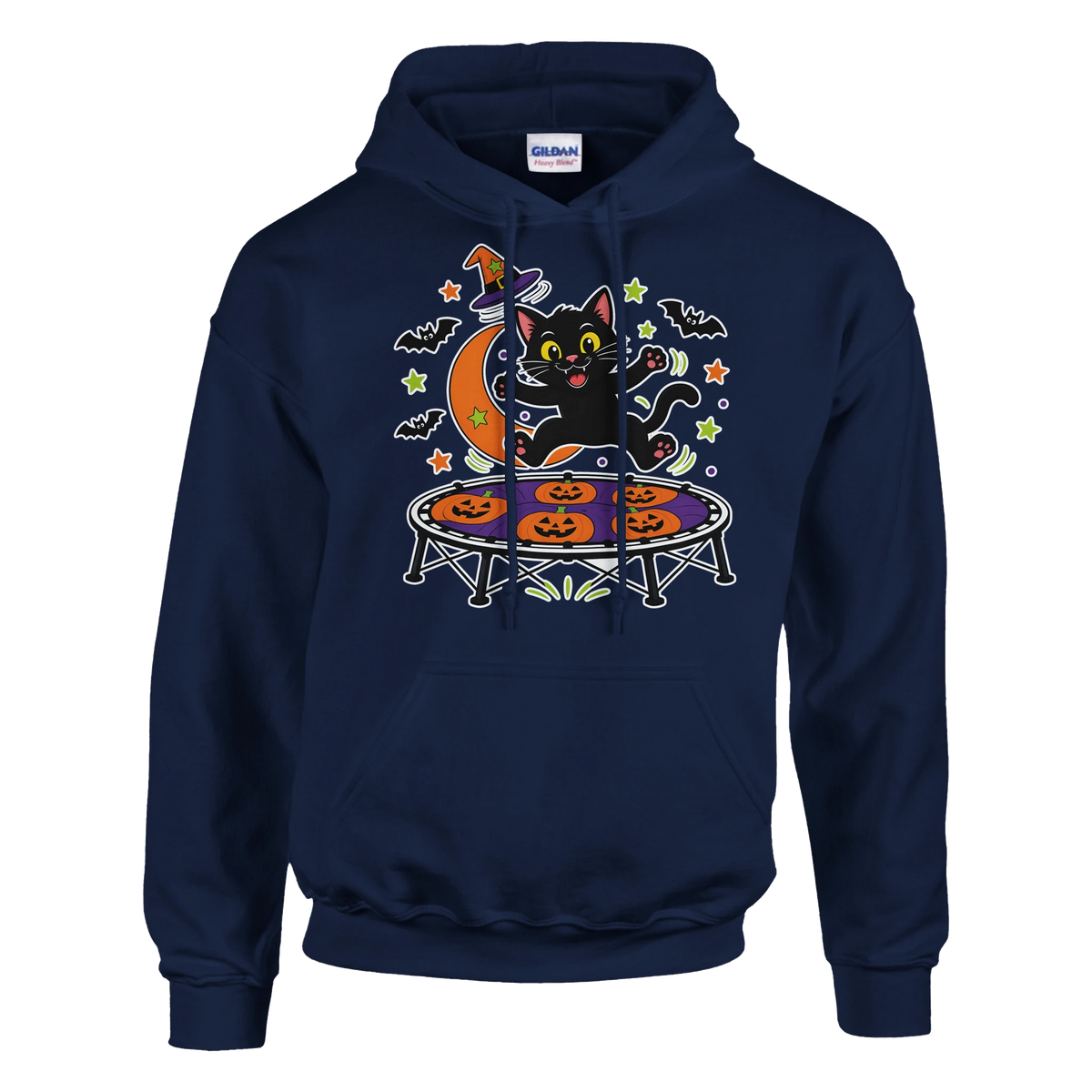 Funny Halloween hoodie with black cat bouncing on a trampoline (view 4 of 5)