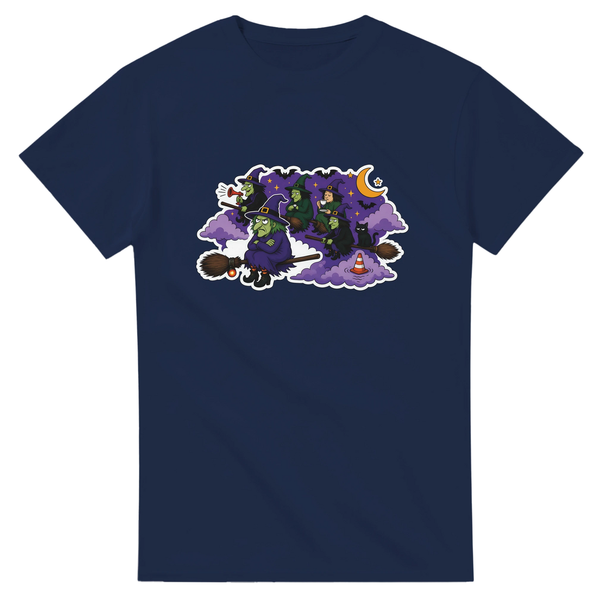 Funny Halloween t-shirt with witches stuck in a broomstick traffic jam, 'Witches' Rush Hour' (view 2 of 3)