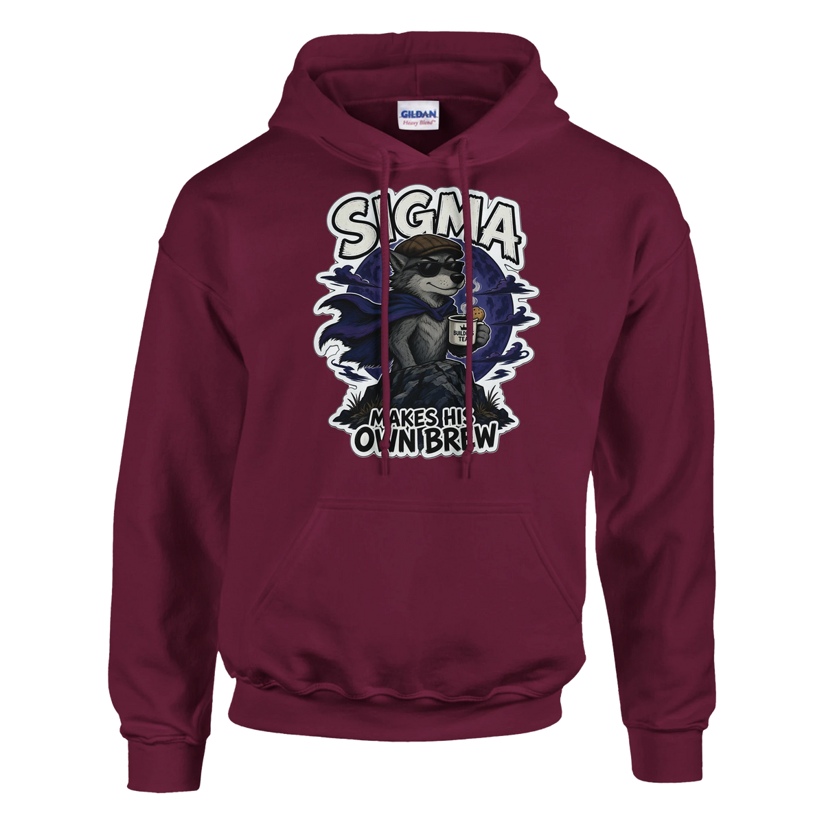 Funny British hoodie with lone wolf in a flat cap with a cup of tea, 'Sigma: Makes His Own Brew' (view 4 of 5)