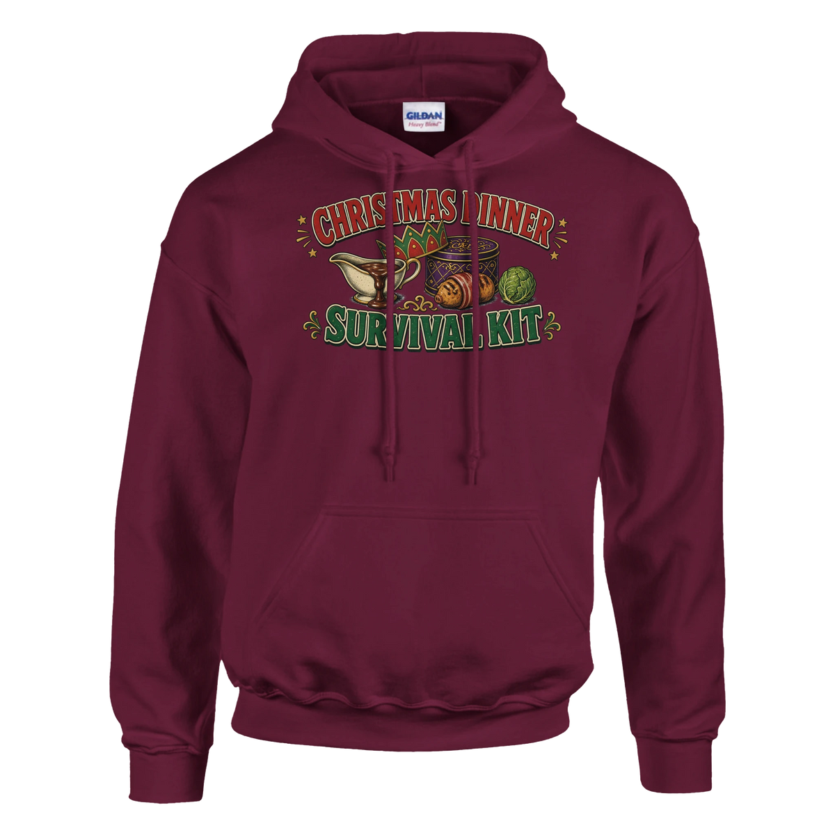 Funny Christmas hoodie with 'Christmas Dinner Survival Kit' with gravy, cracker crown, chocolates and a sprout (view 2 of 5)