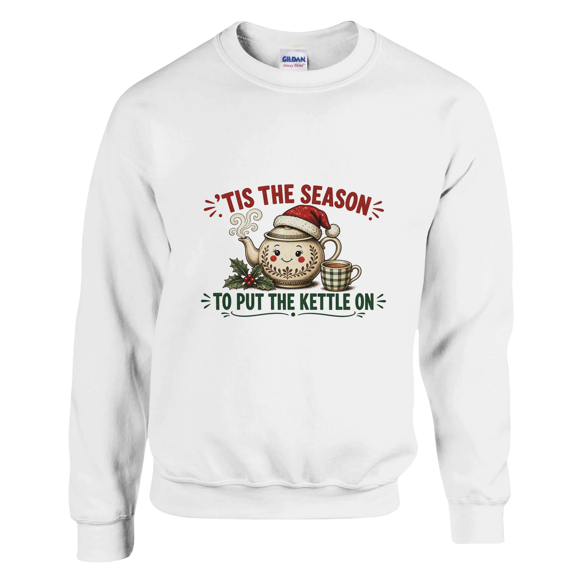 Funny Christmas jumper with teapot in a Santa hat with a cuppa and holly, 'Tis the Season to Put the Kettle On' (view 1 of 3)