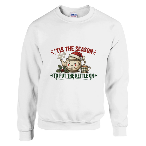 Funny Christmas jumper with teapot in a Santa hat with a cuppa and holly, 'Tis the Season to Put the Kettle On' (view 1 of 3)