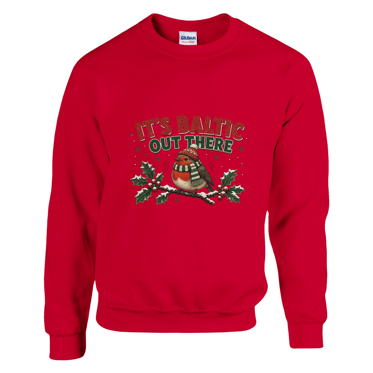 Funny Christmas jumper with chubby robin in a woolly hat and scarf, 'It's Baltic Out There' (view 2 of 3)