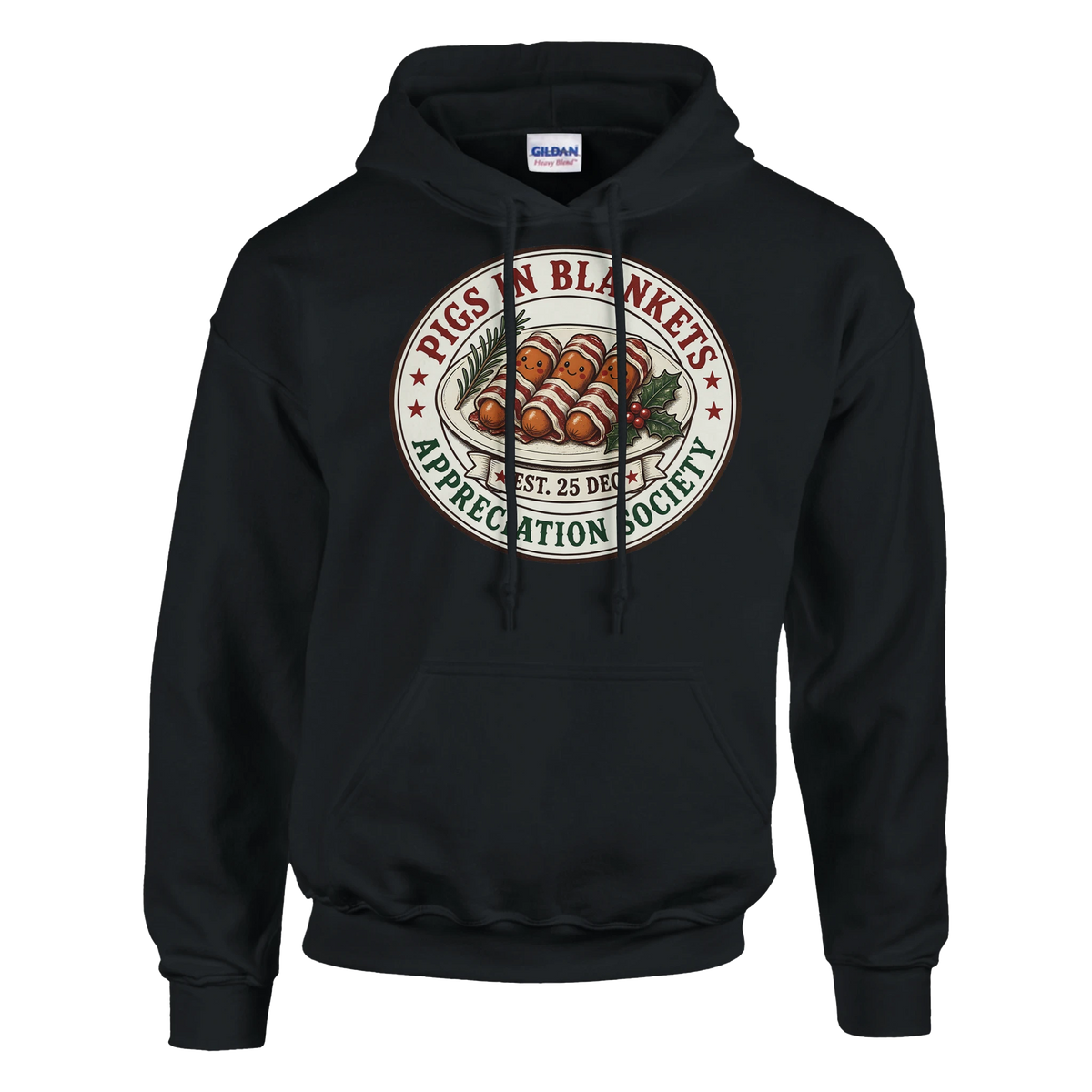 Funny Christmas hoodie with vintage-style 'Pigs in Blankets Appreciation Society' badge (view 3 of 5)