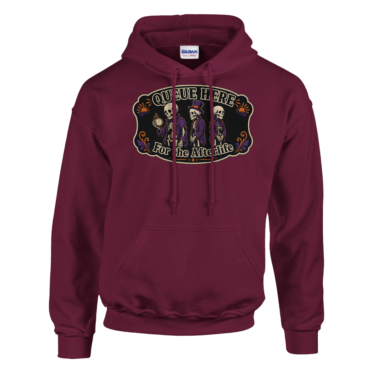 Funny Halloween hoodie with skeletons queuing politely, 'Queue Here for the Afterlife' (view 2 of 5)