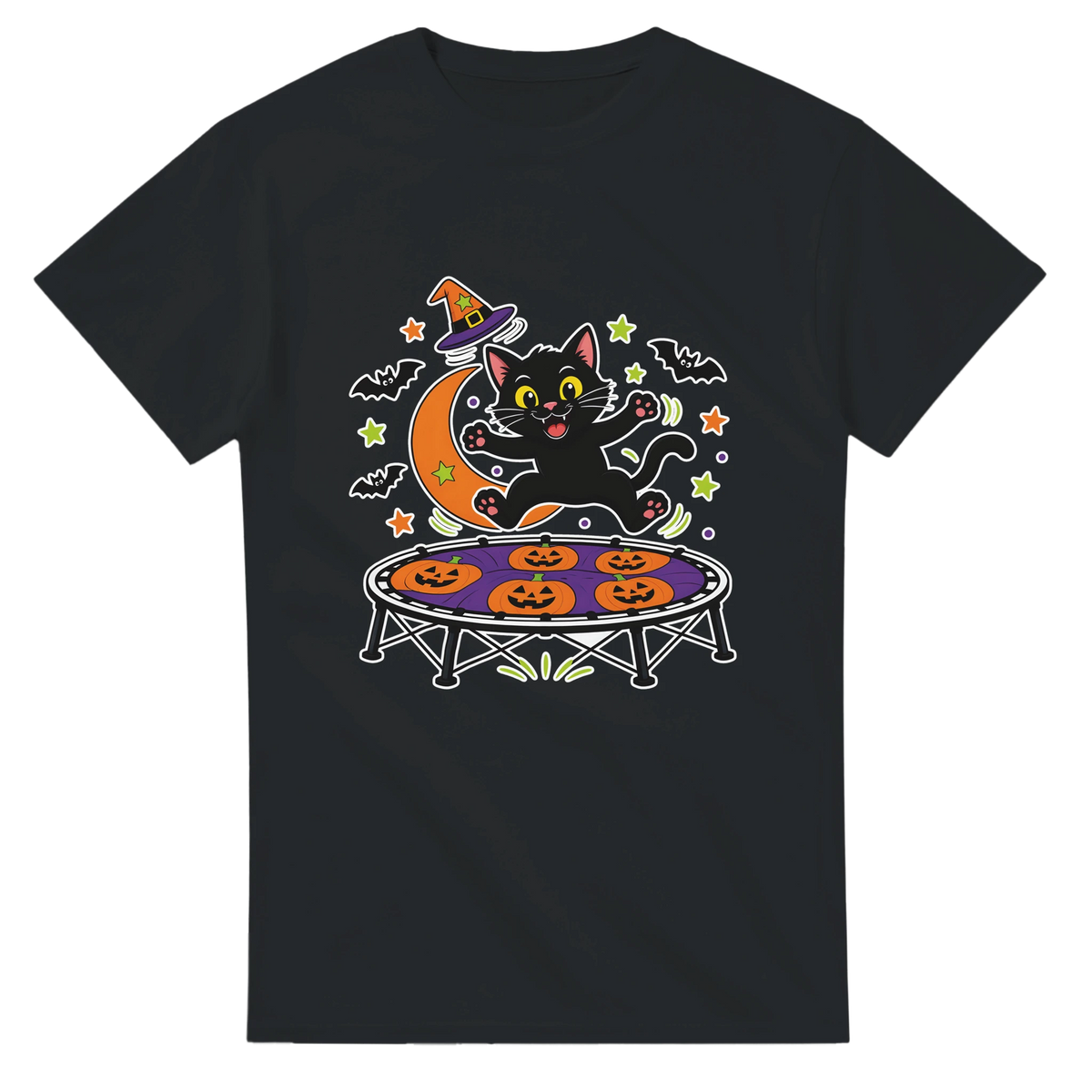 Funny Halloween t-shirt with black cat bouncing on a trampoline (view 3 of 3)