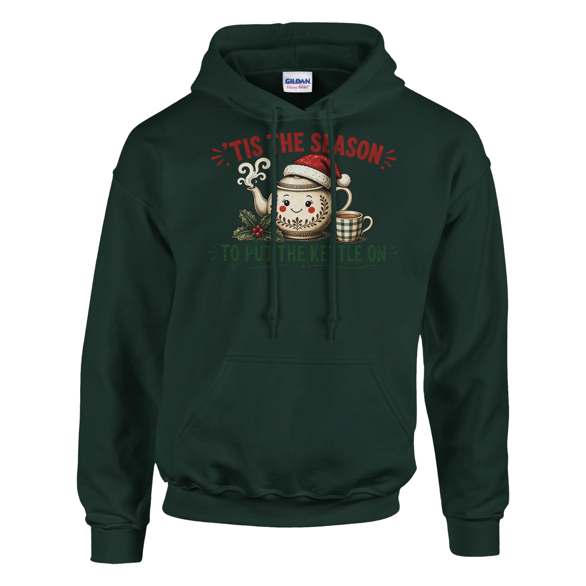 Funny Christmas hoodie with teapot in a Santa hat with a cuppa and holly, 'Tis the Season to Put the Kettle On' (view 4 of 5)