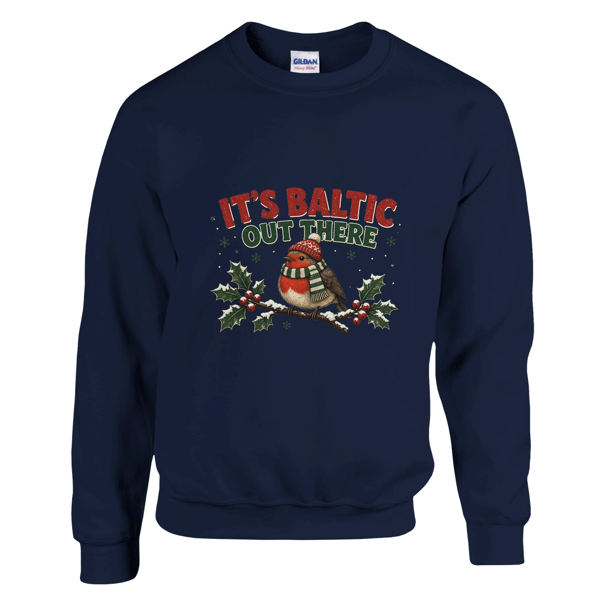 Funny Christmas jumper with chubby robin in a woolly hat and scarf, 'It's Baltic Out There' (view 3 of 3)