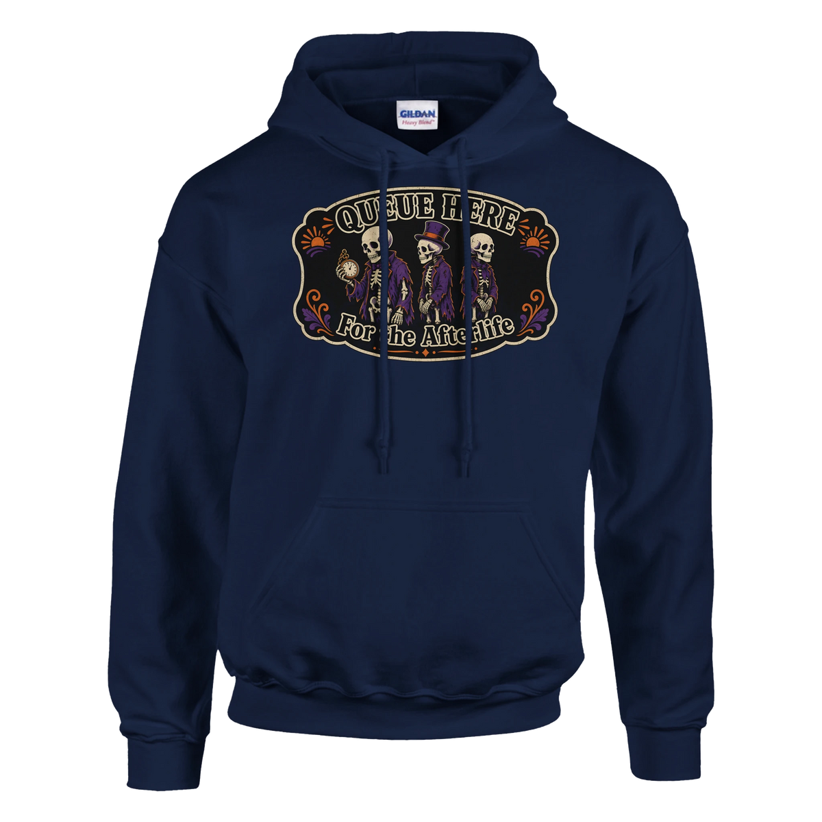 Funny Halloween hoodie with skeletons queuing politely, 'Queue Here for the Afterlife' (view 3 of 5)