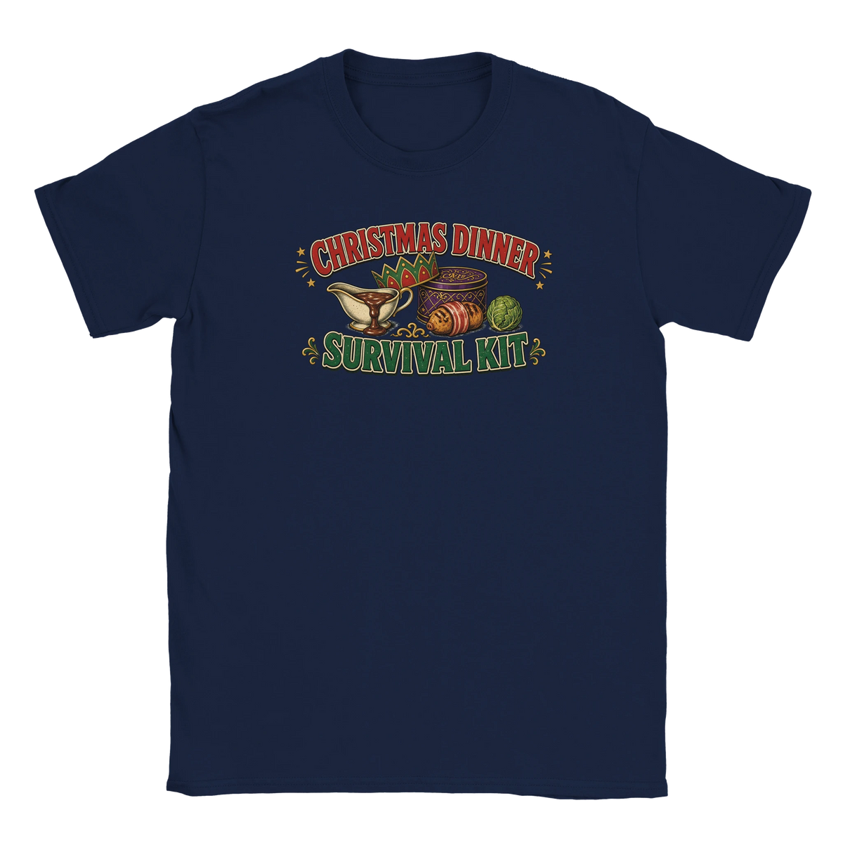 Funny Christmas t-shirt with 'Christmas Dinner Survival Kit' with gravy, cracker crown, chocolates and a sprout (view 5 of 5)