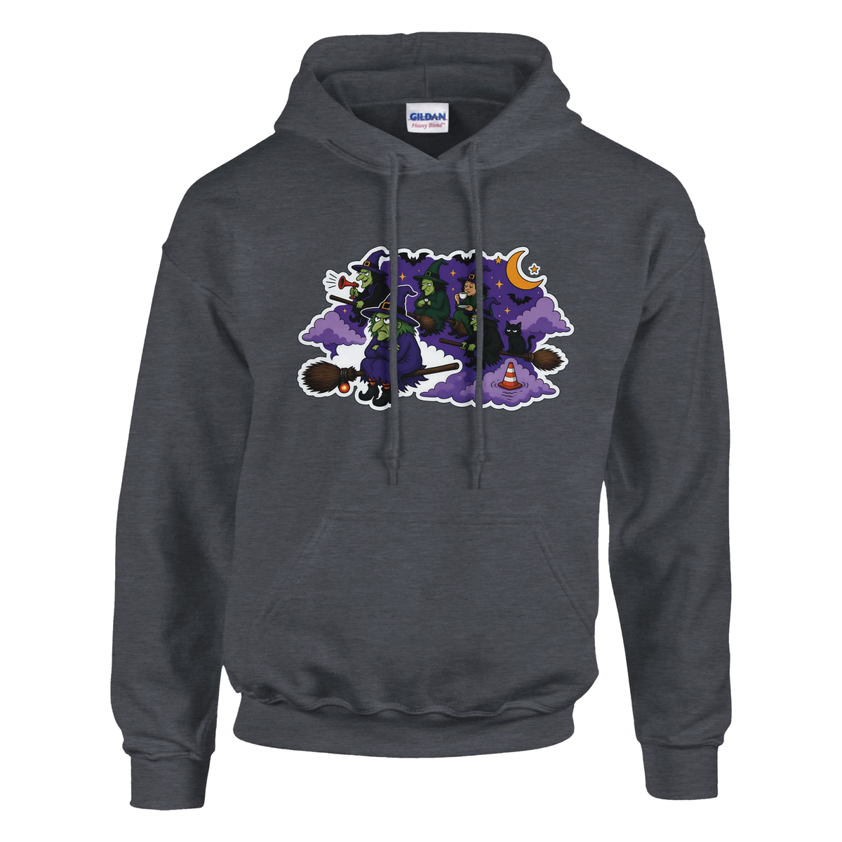 Funny Halloween hoodie with witches stuck in a broomstick traffic jam, 'Witches' Rush Hour' (view 1 of 5)