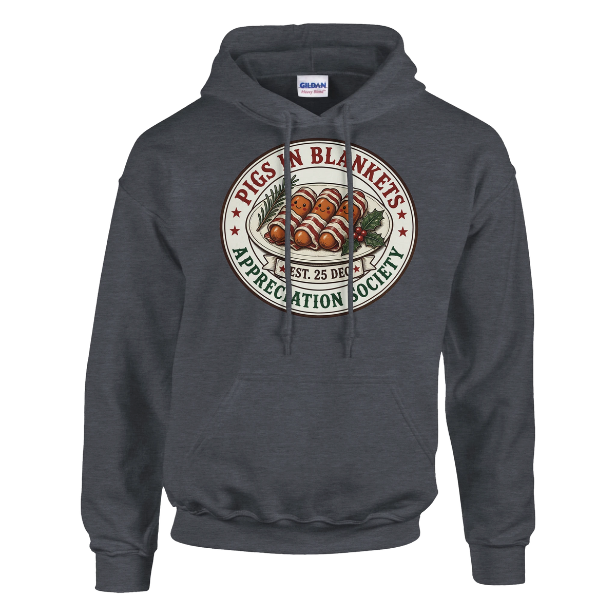 Funny Christmas hoodie with vintage-style 'Pigs in Blankets Appreciation Society' badge (view 1 of 5)