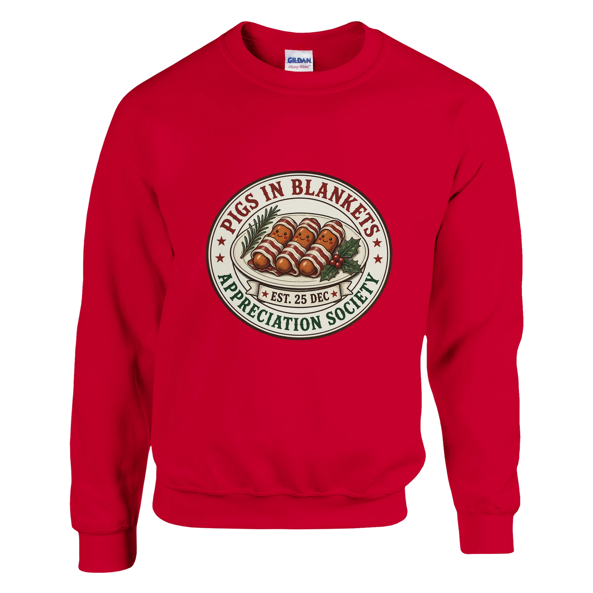 Funny Christmas jumper with vintage-style 'Pigs in Blankets Appreciation Society' badge (view 2 of 3)