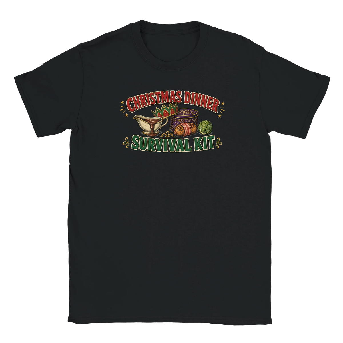 Funny Christmas t-shirt with 'Christmas Dinner Survival Kit' with gravy, cracker crown, chocolates and a sprout (view 4 of 5)