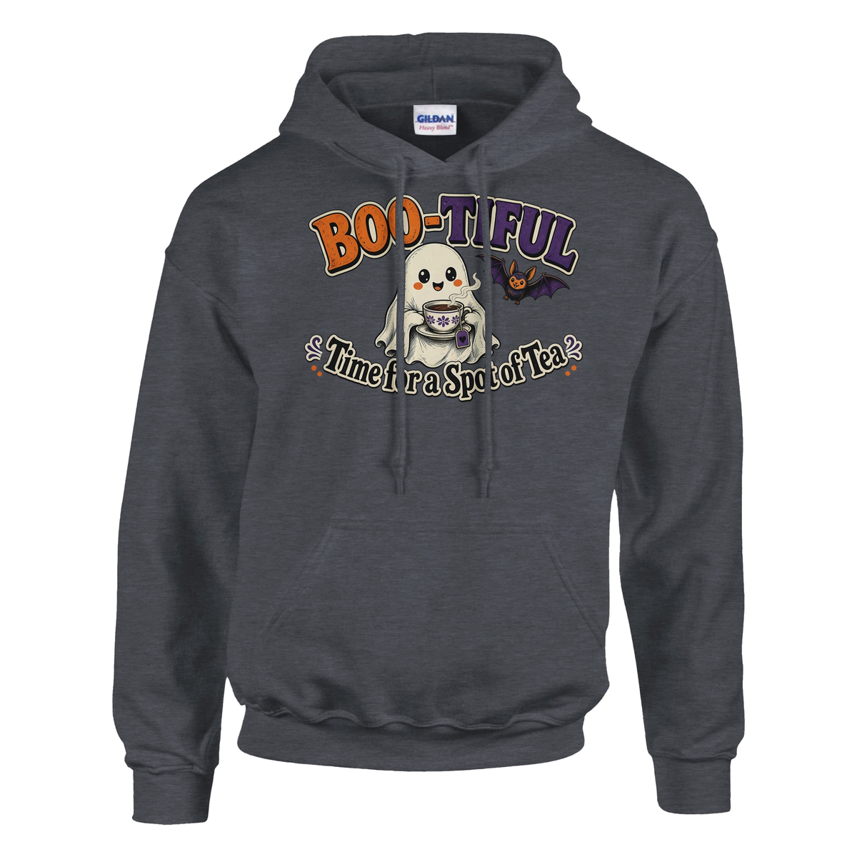 Funny Halloween hoodie with cheerful ghost with a cup of tea, 'Boo-tiful Time for a Spot of Tea' (view 1 of 5)