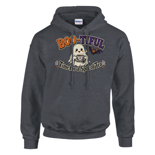 Funny Halloween hoodie with cheerful ghost with a cup of tea, 'Boo-tiful Time for a Spot of Tea' (view 1 of 5)