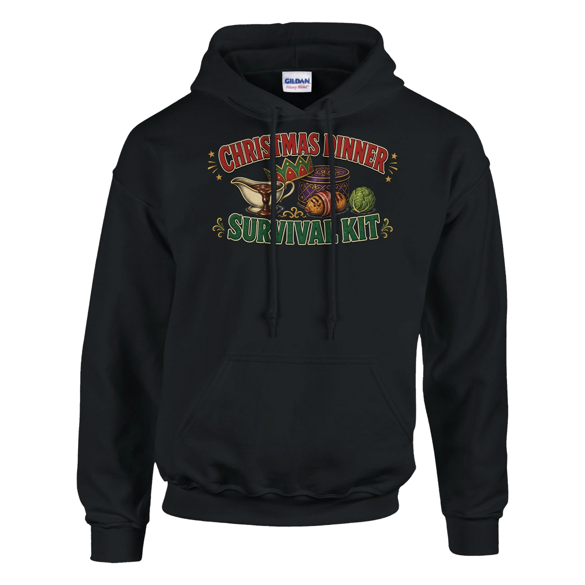 Funny Christmas hoodie with 'Christmas Dinner Survival Kit' with gravy, cracker crown, chocolates and a sprout (view 3 of 5)