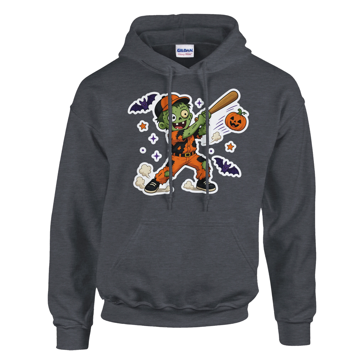 Funny Halloween hoodie with zombie baseball player swinging a bat (view 1 of 5)