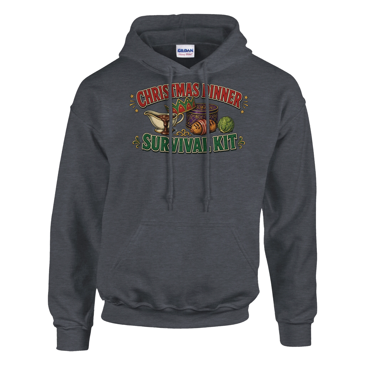 Funny Christmas hoodie with 'Christmas Dinner Survival Kit' with gravy, cracker crown, chocolates and a sprout (view 1 of 5)