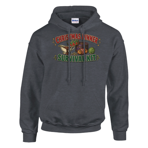 Funny Christmas hoodie with 'Christmas Dinner Survival Kit' with gravy, cracker crown, chocolates and a sprout (view 1 of 5)