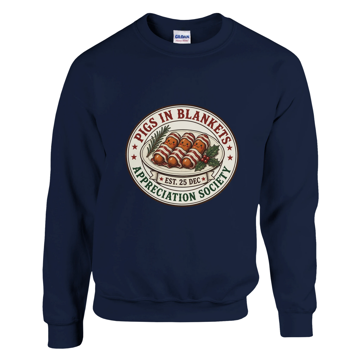 Funny Christmas jumper with vintage-style 'Pigs in Blankets Appreciation Society' badge (view 3 of 3)