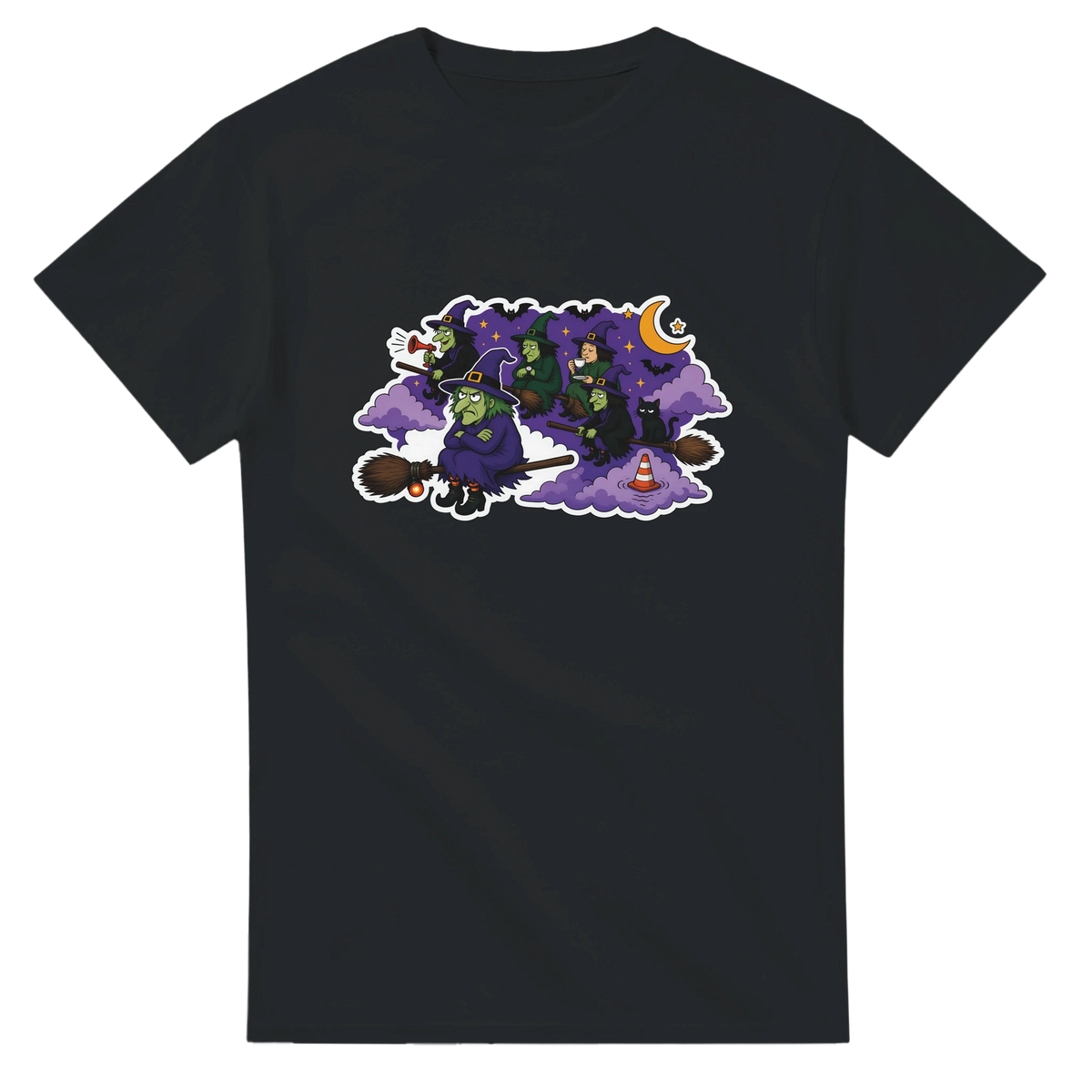 Funny Halloween t-shirt with witches stuck in a broomstick traffic jam, 'Witches' Rush Hour' (view 3 of 3)