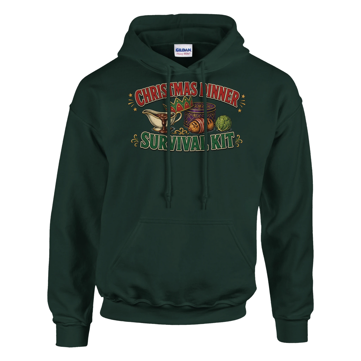 Funny Christmas hoodie with 'Christmas Dinner Survival Kit' with gravy, cracker crown, chocolates and a sprout (view 5 of 5)