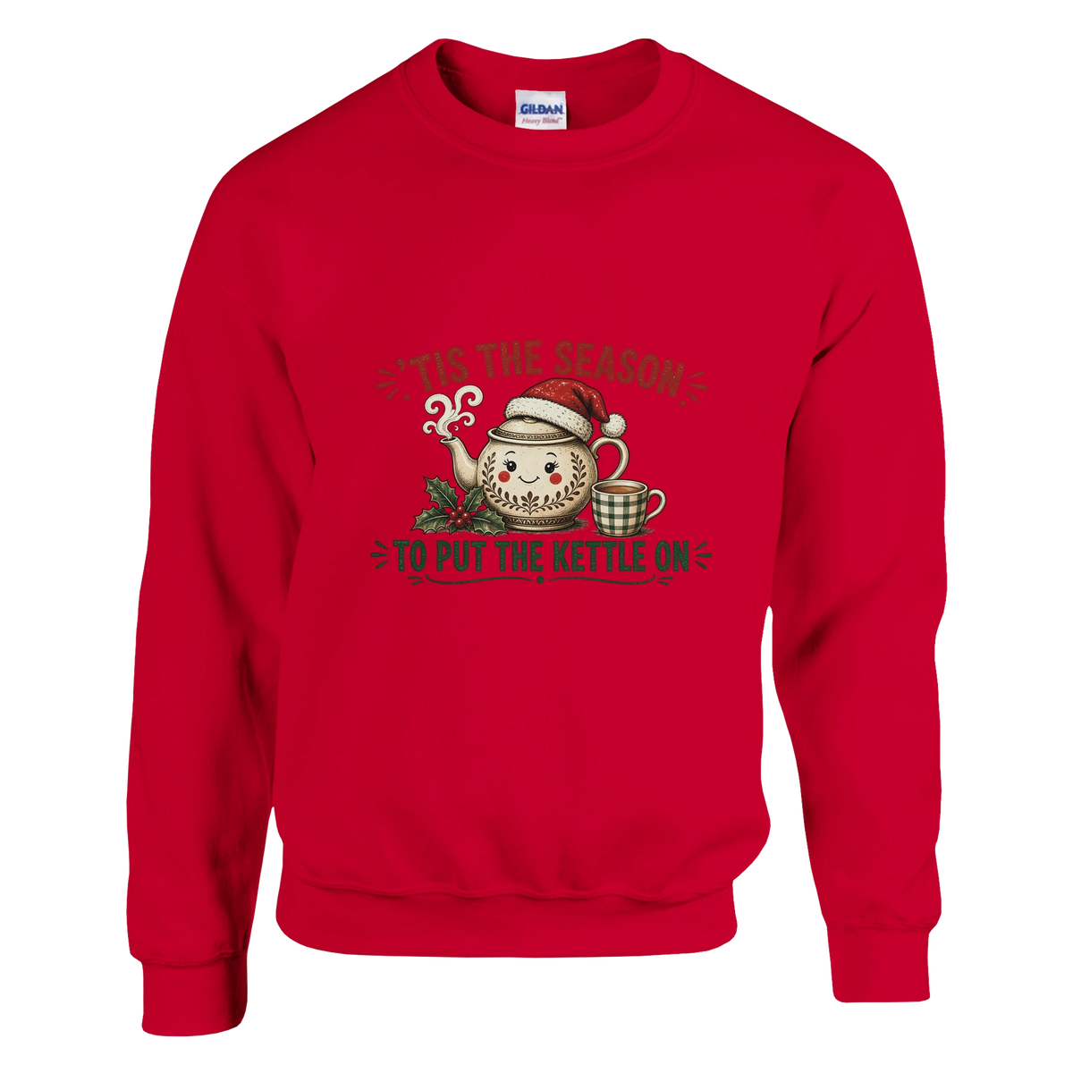Funny Christmas jumper with teapot in a Santa hat with a cuppa and holly, 'Tis the Season to Put the Kettle On' (view 3 of 3)