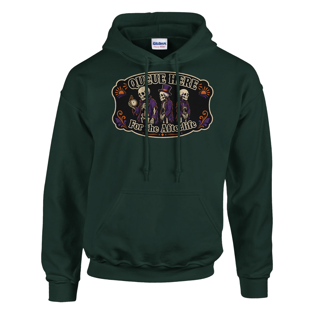 Funny Halloween hoodie with skeletons queuing politely, 'Queue Here for the Afterlife' (view 4 of 5)