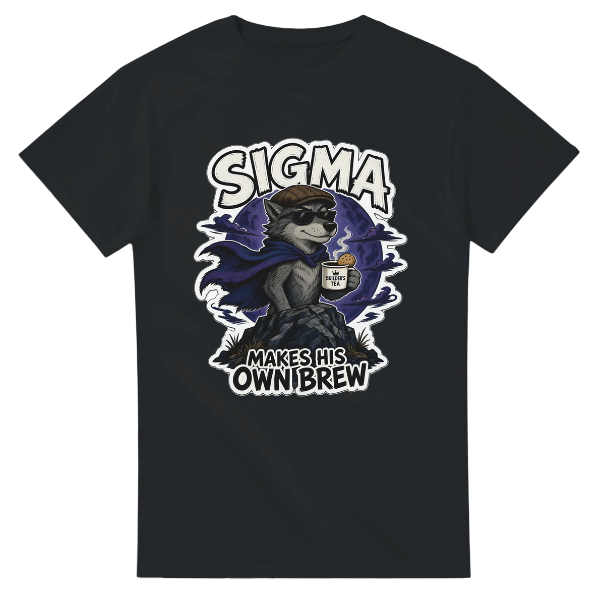 Funny British t-shirt with lone wolf in a flat cap with a cup of tea, 'Sigma: Makes His Own Brew' (view 2 of 3)