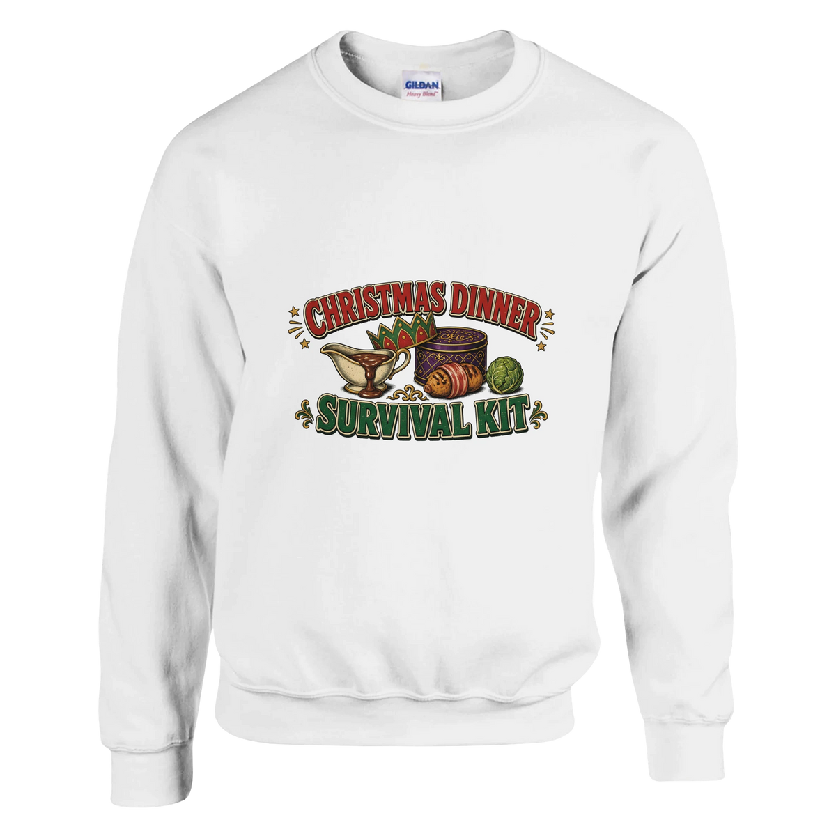 Funny Christmas jumper with 'Christmas Dinner Survival Kit' with gravy, cracker crown, chocolates and a sprout (view 1 of 3)
