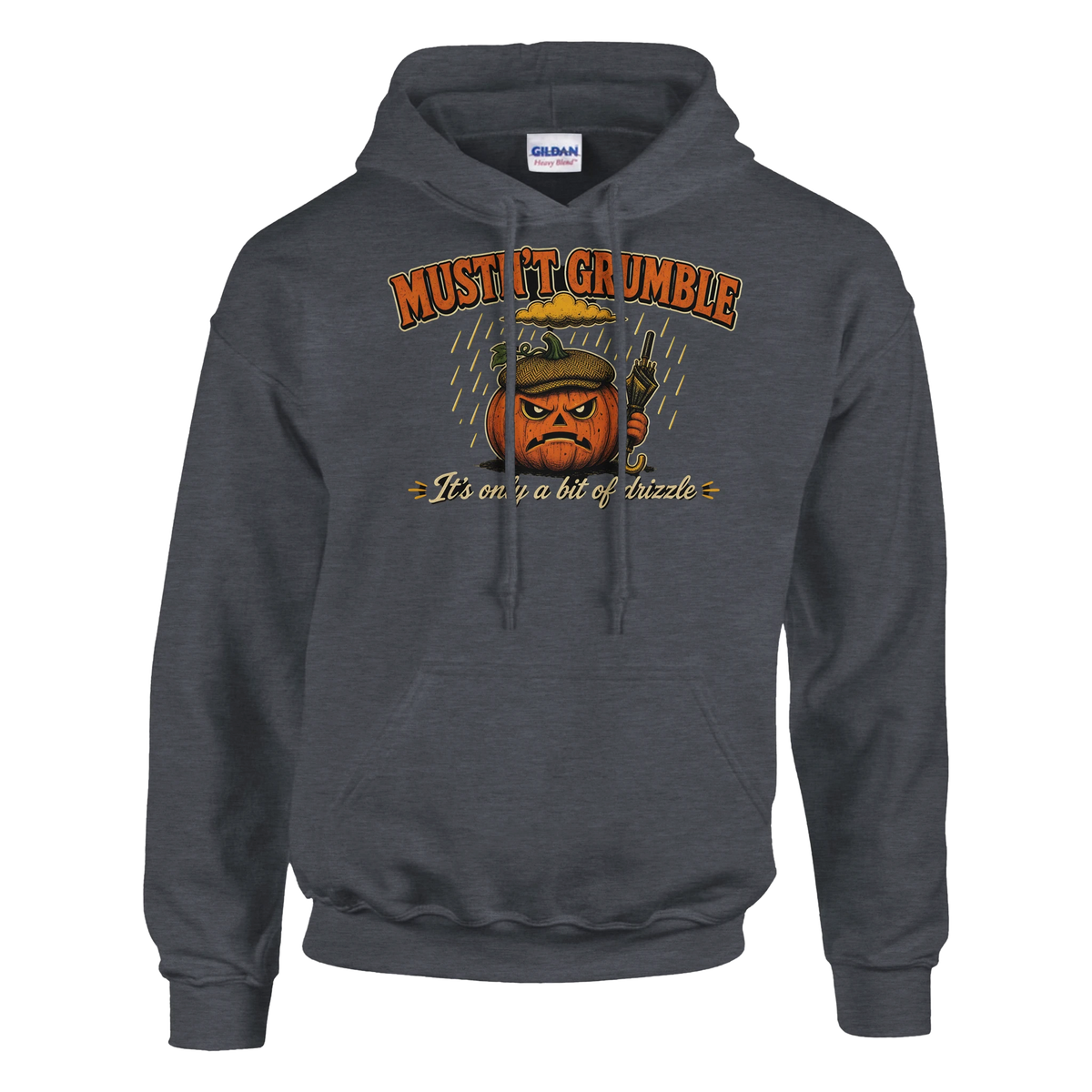 Funny Halloween hoodie with grumpy pumpkin in a flat cap with a brolly, 'Mustn't Grumble' (view 1 of 5)